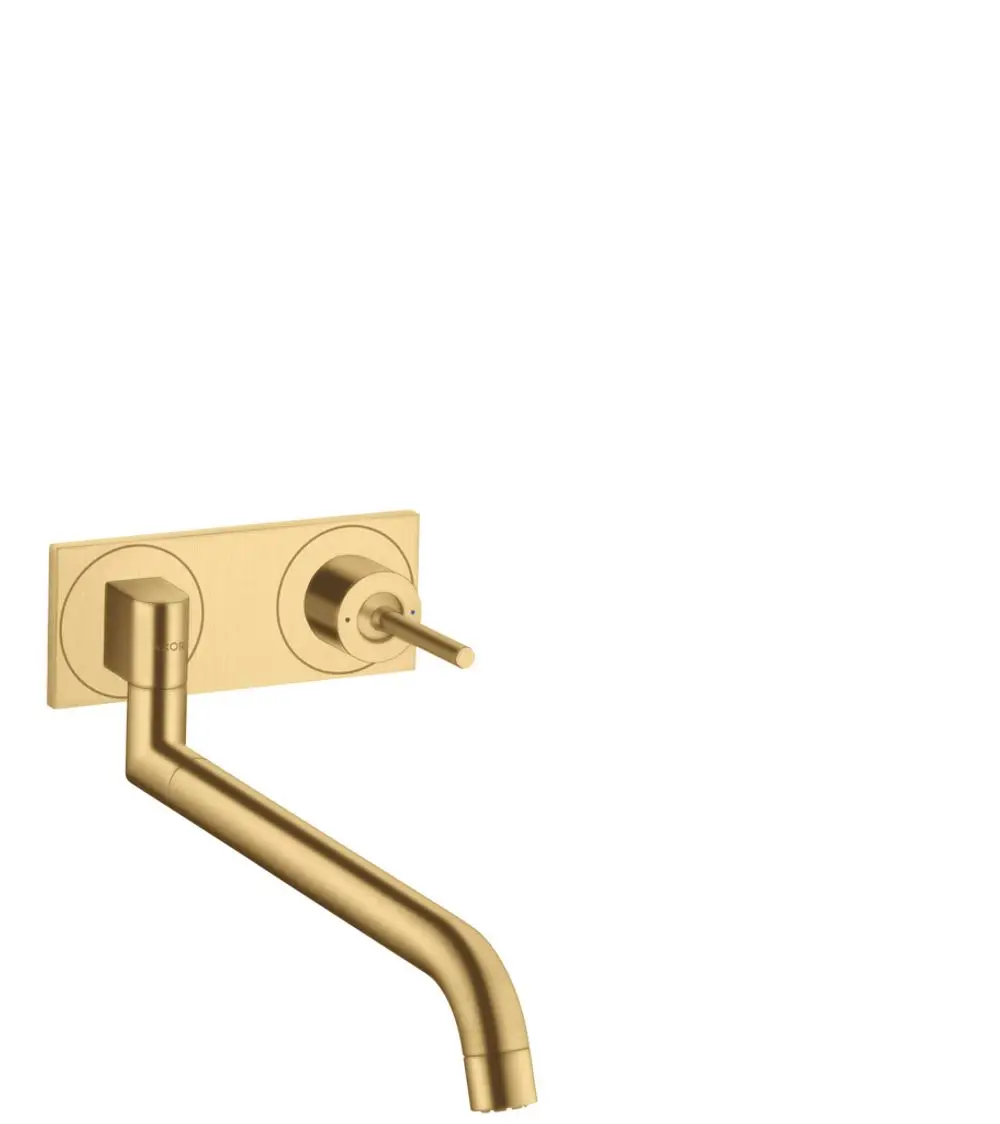 AXOR Küchenmischer mit Wandmontage, eine unterputz installierte Dusche in gebürstetem Gold. Der Wasserhahn hat einen langen Auslauf und einen Hebel zur Regelung der Wassermenge.